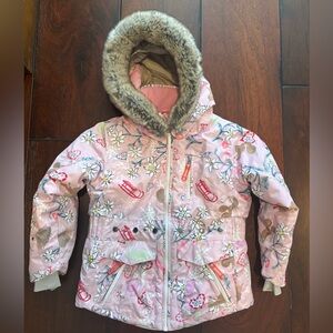 Obermeyer Pink and White Ski Jacket with Faux Fur